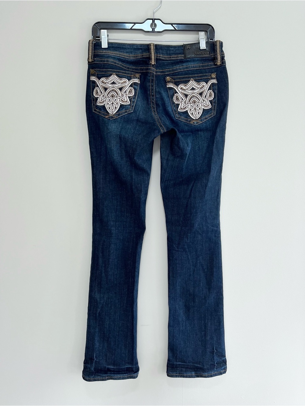 Grace in LA Western Embellished Mid-Rise Bootcut Jeans in Dark Blue Wash, sz 27